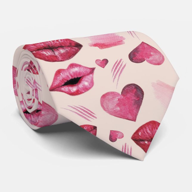 Kisses And Hearts Pattern Watercolor Tie (Rolled)