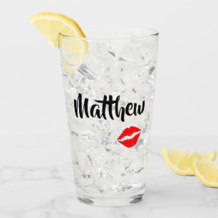 Kisses for Him Lipstick Print Glass