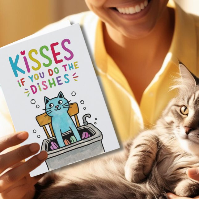 Kisses if you do the dishes cute cat washing up holiday card (Creator Uploaded)