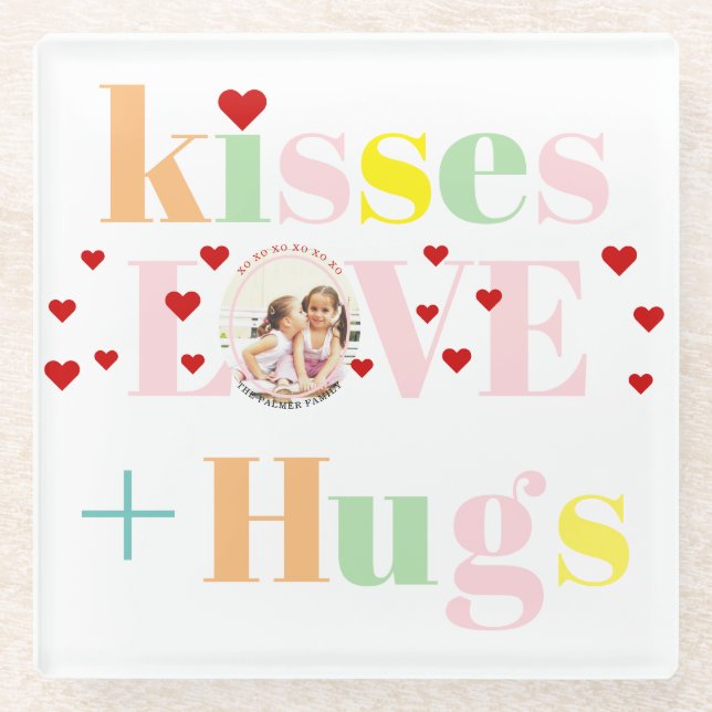 Kisses, love, hugs typography photo Valentines Day Glass Coaster (Front)
