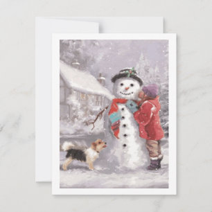 Kissing A Winter Christmas Snowman Holiday Card