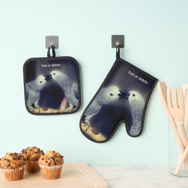 Kissing African Grey Parrots Personalised Oven Mitt & Pot Holder Set (Insitu(Hanging))