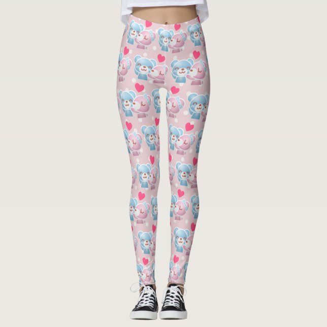 KIssing Bears on Polka Dots Cute and Kawaii Leggings (Front)