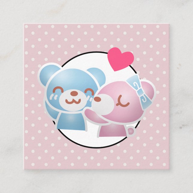 KIssing Bears on Polka Dots Cute and Kawaii Square Business Card (Front)