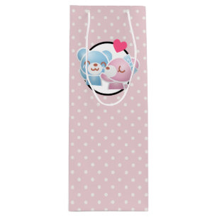 KIssing Bears on Polka Dots Cute and Kawaii Wine Gift Bag