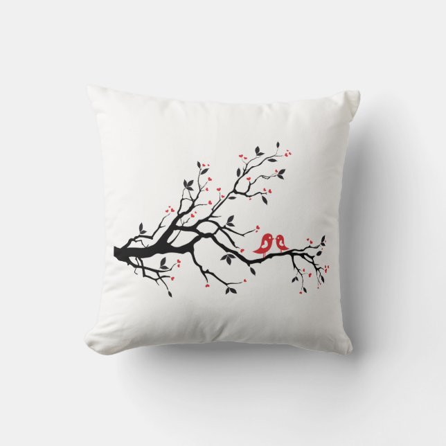 Kissing bird on tree branch with red heart leaves cushion (Front)