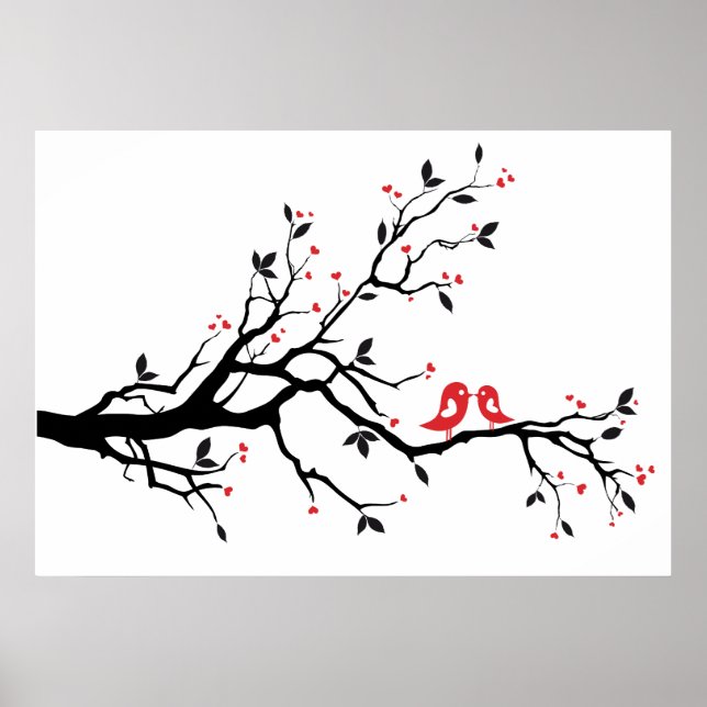 Kissing bird on tree branch with red heart leaves poster (Front)