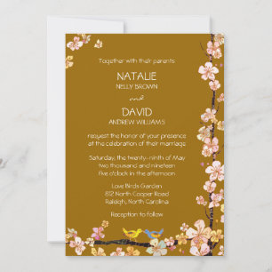 Kissing Birds Brown Fall Floral Wedding Invitation