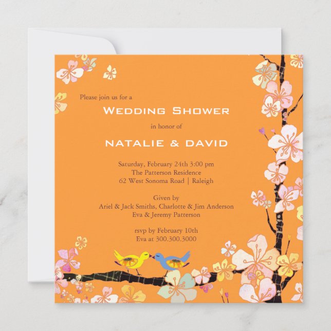 Kissing Birds Tangerine Wedding Couples Shower Invitation (Front)