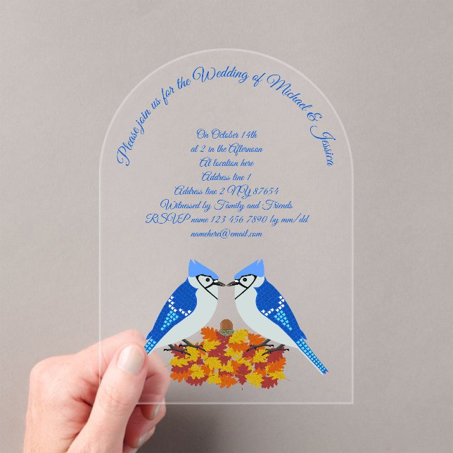 Kissing Blue Jays Fall Wedding Custom Acrylic Invitations (Insitu (Handheld))