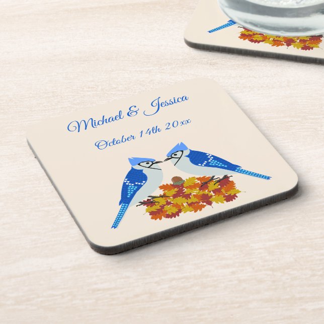 Kissing Blue Jays Fall Wedding Custom Coaster (Left Side)