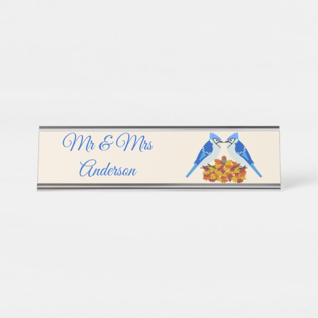 Kissing Blue Jays Fall Wedding Custom Desk Name Plate (Front)