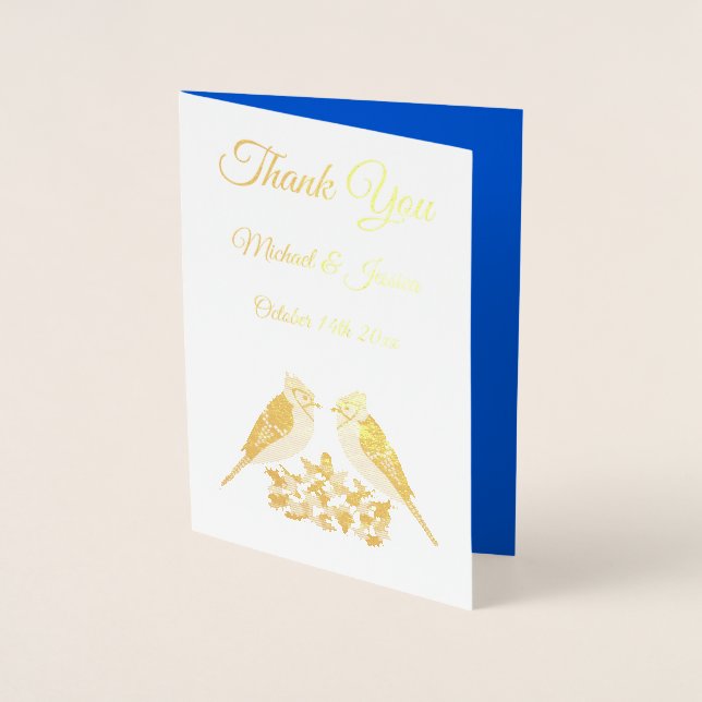 Kissing Blue Jays Fall Wedding Custom Foil Card (Front)