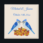 Kissing Blue Jays Fall Wedding Custom Magnet<br><div class="desc">This awesome Wedding magnet features a pair of cute Blue Jays. A bird from the crow family with beautiful bright blue feathers and a crest on the head. The beak is black and the belly a shade of blue grey. The birds are facing each other and almost kissing. Between them...</div>
