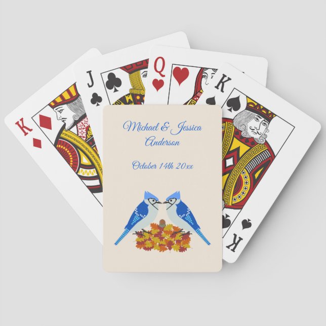 Kissing Blue Jays Fall Wedding Custom Playing Cards (Back)