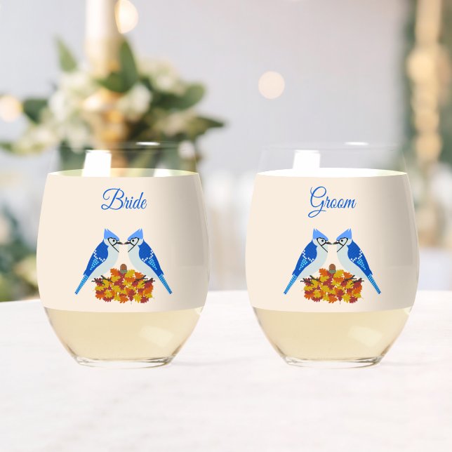 Kissing Blue Jays Fall Wedding Custom Stemless Wine Glass (Insitu (Wedding))