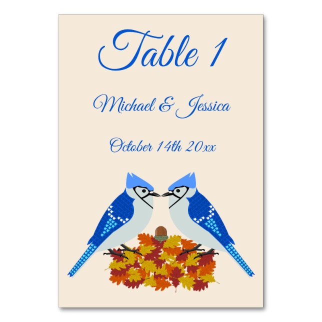 Kissing Blue Jays Fall Wedding Custom Table Number (Front)