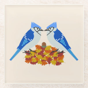 Kissing Blue Jays Fall Wedding Glass Coaster