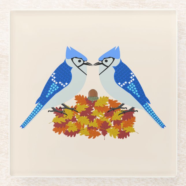 Kissing Blue Jays Fall Wedding Glass Coaster (Front)