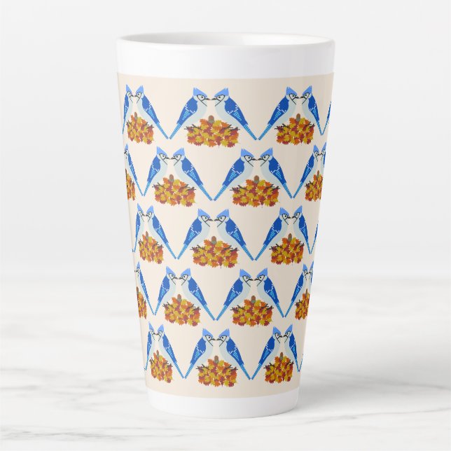 Kissing Blue Jays Fall Wedding Patterned Latte Mug (Front)