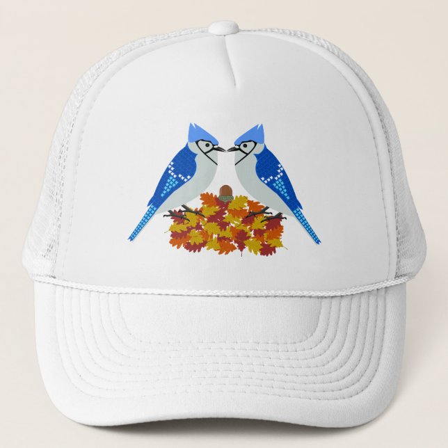 Kissing Blue Jays Fall Wedding Trucker Hat (Front)