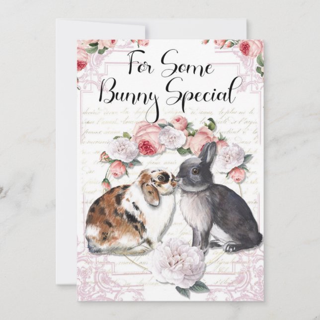 Kissing Bunnies, Bunny Rabbit, Easter, Valentines Holiday Card (Front)