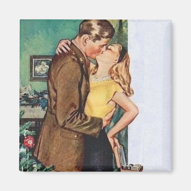 Kissing Couple Christmas Vintage Magnet (Front)