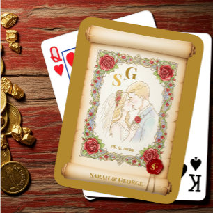 Kissing Couple Monogrammed, Gold, Wedding Scroll Playing Cards