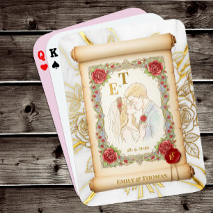 Kissing Couple Monogrammed, Roses, Wedding Scroll Playing Cards