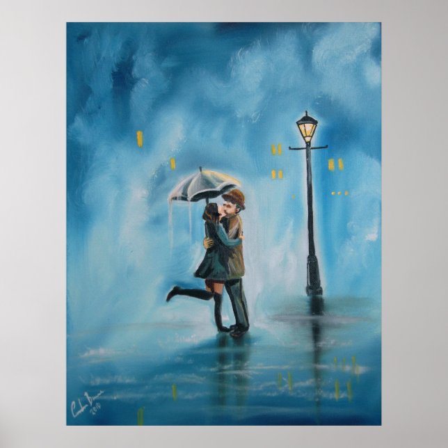 Kissing couple rainy day streetlamp umbrella poster (Front)