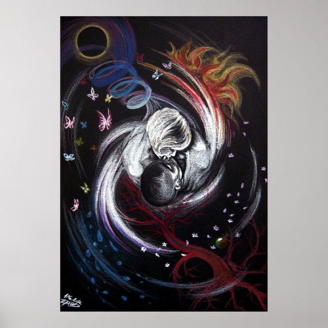 Kissing couple Yin Yang Love Surreal drawing art Poster (Front)