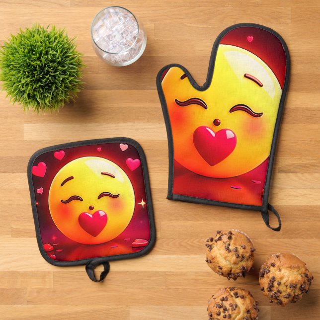 Kissing Emoji Blowing Hearts Oven Mitt & Pot Holder Set (Top Down)