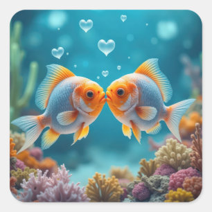 Kissing Fish With Heart Bubbles Square Sticker