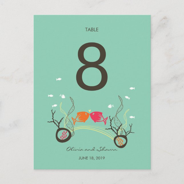 Kissing Fishes Corals Beach Wedding Table Number Postcard (Front)