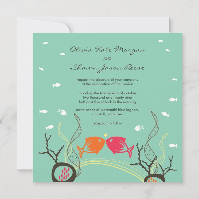 Kissing Fishes Corals Beach Whimsical Cute Wedding Invitation (Front)
