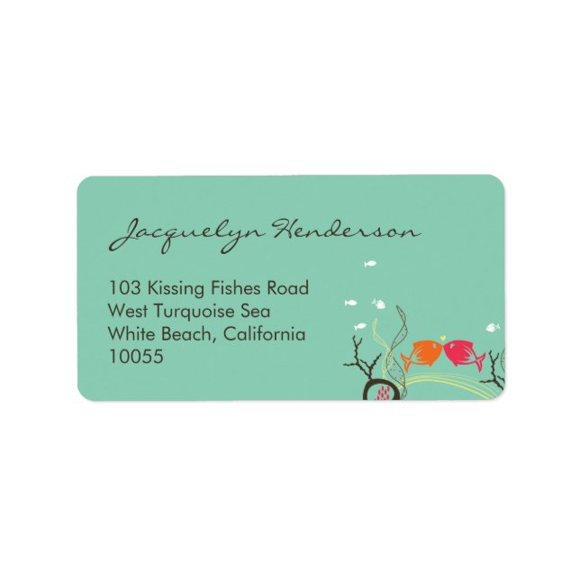 Kissing Fishes Corals Beach Whimsical Cute Wedding Label (Front)