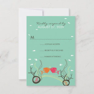 Kissing Fishes Corals Beach Whimsical Cute Wedding RSVP Card