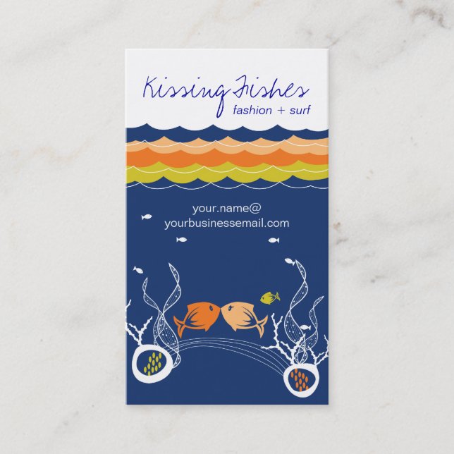 Kissing Fishes Corals Waves Ocean Sea Blue Summer Business Card (Front)