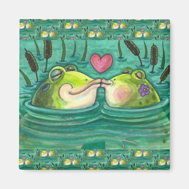 KISSING FROGS COLORFUL & CUTE POND ROMANCE, FUNNY MAGNET (Front)