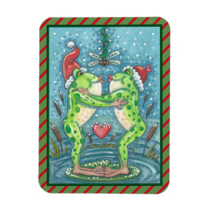 KISSING FROGS, DRAGONFLY MISTLETOE HOLIDAY MAGNET