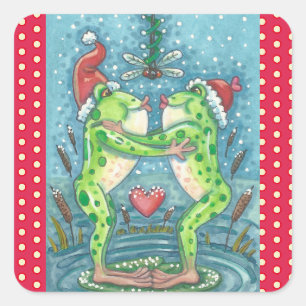 KISSING FROGS, DRAGONFLY MISTLETOE HOLIDAY STICKER