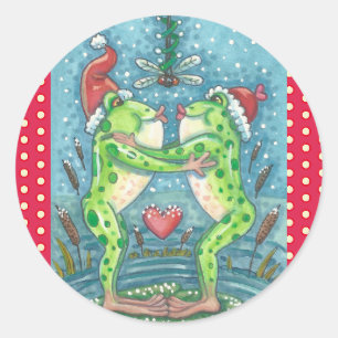 KISSING FROGS, DRAGONFLY MISTLETOE HOLIDAY STICKER