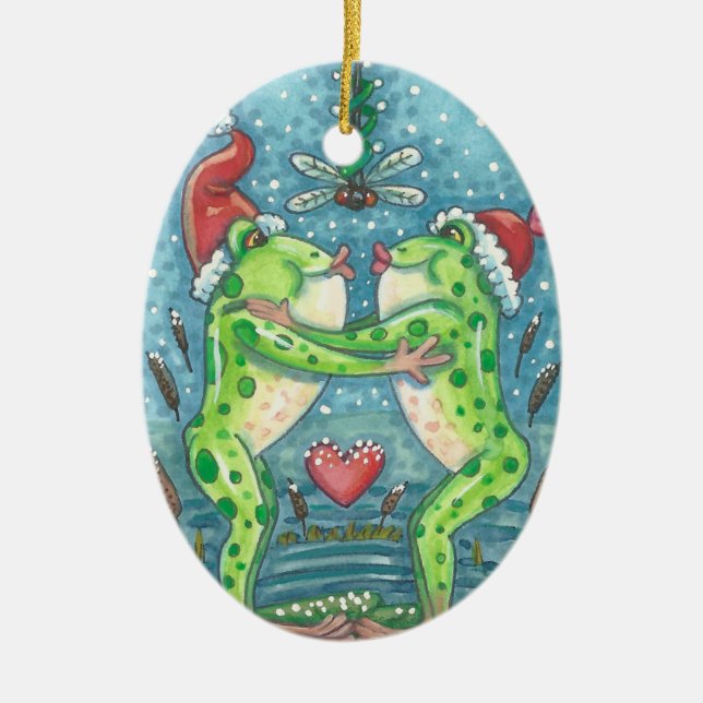 KISSING FROGS, DRAGONFLY MISTLETOE ORNAMENT Oval (Front)