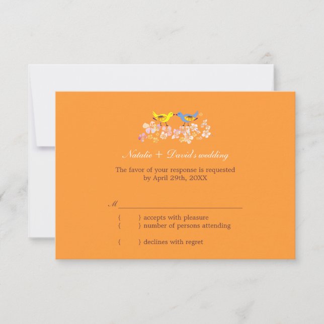 Kissing Love Birds Tangerine Wedding RSVP Card (Front)