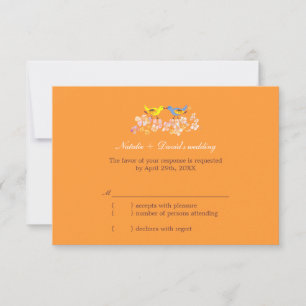Kissing Love Birds Tangerine Wedding RSVP Card