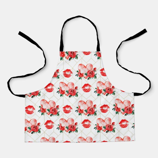 Kissing Mouth With Heart And Red Roses Pattern Apron (Front)