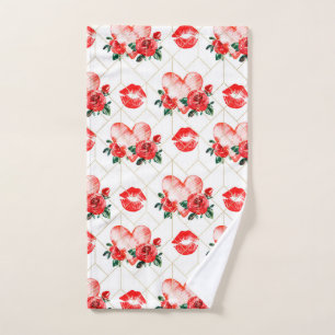 Kissing Mouth With Heart And Red Roses Pattern Hand Towel