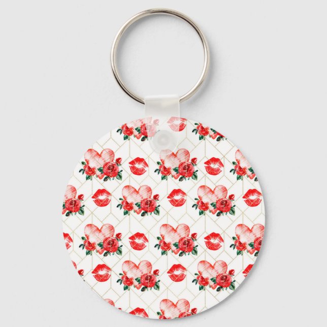 Kissing Mouth With Heart And Red Roses Pattern Key Ring (Front)
