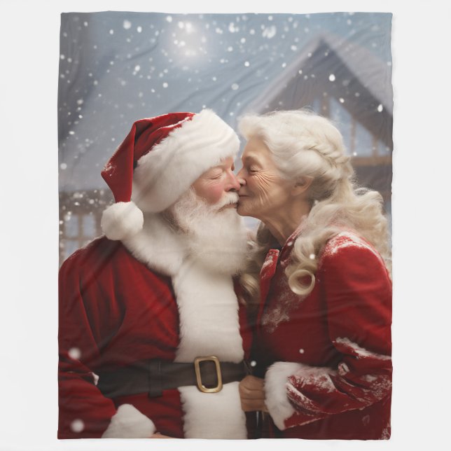 Kissing Mr and Mrs Santa Claus Fleece Blanket (Front)