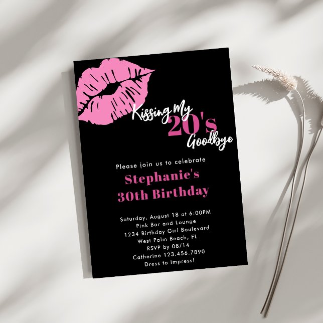 Kissing my 20s Goodbye Pink & Black 30th Birthday Invitation (Creator Uploaded)